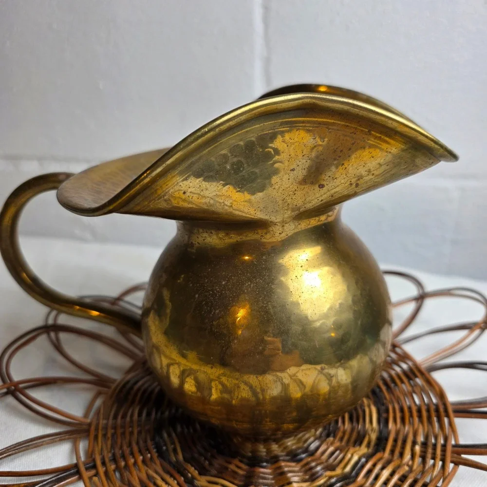 Vintage Hammered Brass Pitcher Decorative Gold Vase Flared Spout Rustic Decor